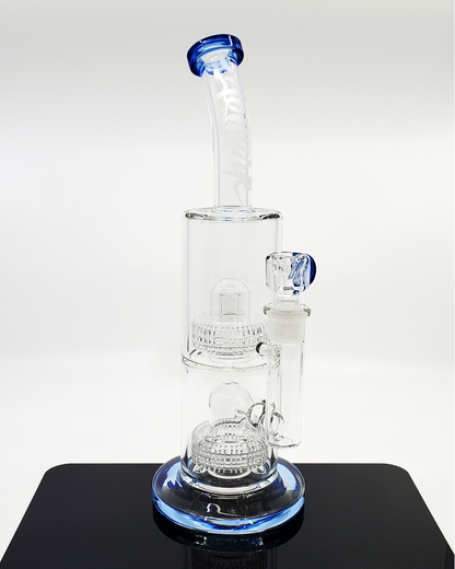 Monark Glass 75MM Double Decker Matrix Straight Tube in blue, featuring dual matrix percs, an 18MM 90-degree female joint, and an included 18MM slide for smooth filtration