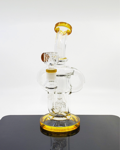 Monark Glass 9.5” Dual Uptake Circ Perc Dab Rig delivering smooth hits with enhanced airflow and filtration.