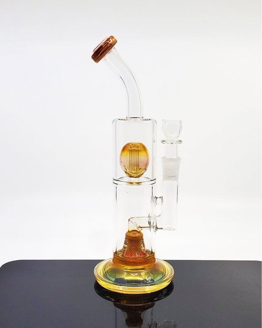 OSS Glass Fumed Jammer with dual chamber percolators, featuring a 14mm female joint and fumed glass for a unique color-shifting effect.
