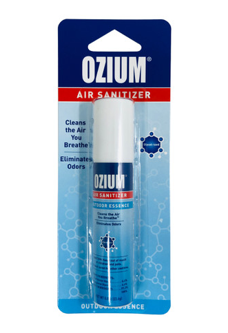 OZIUM 0.8oz Air Sanitizer, a multi-use spray that eliminates odors in closets, offices, trash cans, and more.