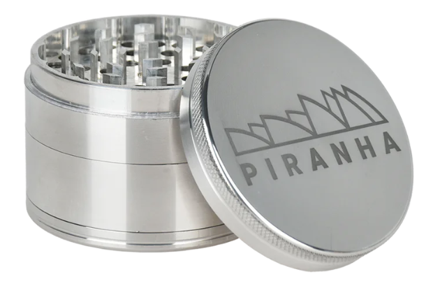 Piranha 2.5" 4-Piece Anodized Grinder, compact and efficient with a pollen chamber, sifting screen, and easy-to-grip friction ring.