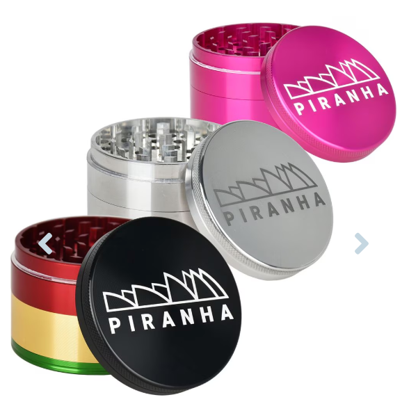 Piranha 4-Piece 2.5" Grinder, made from anodized aluminum with razor-sharp teeth, pollen chamber, and magnetic closure for efficient grinding.