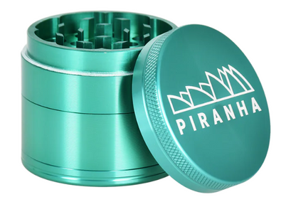 Piranha 4-Piece Herb Grinder, 2 inches wide, crafted from anodized aluminum for durability and smooth grinding performance.