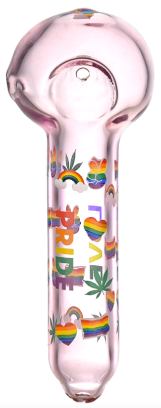 ride Glow In The Dark Glass Spoon Pipe – 5.25-inch borosilicate pipe featuring rainbow hearts, hemp leaves, and glow in the dark accents for a unique smoking experience.