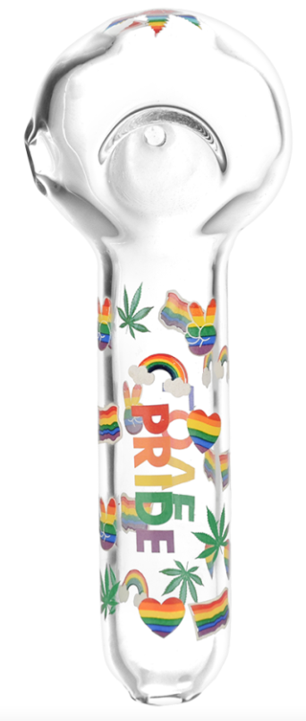 Pride Glow In The Dark Glass Spoon Pipe – 5.25-inch hand pipe with assorted colors, featuring hemp leaf and rainbow Pride design, made of durable borosilicate glass.
