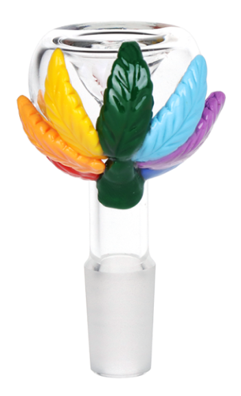 Pride Hemp Leaf Glass Herb Slide – 14mm male joint herb slide with clear bubble-style bowl and rainbow hemp leaf decoration wrapped around borosilicate glass.