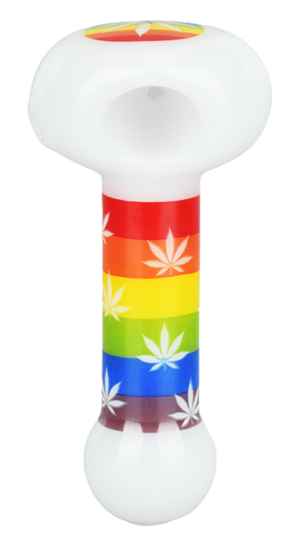 Pride Rainbow Hemp Leaf Glow Glass Spoon Pipe – 4.75-inch spoon pipe with rainbow stripes and white hemp leaf design, featuring glow in the dark accents.