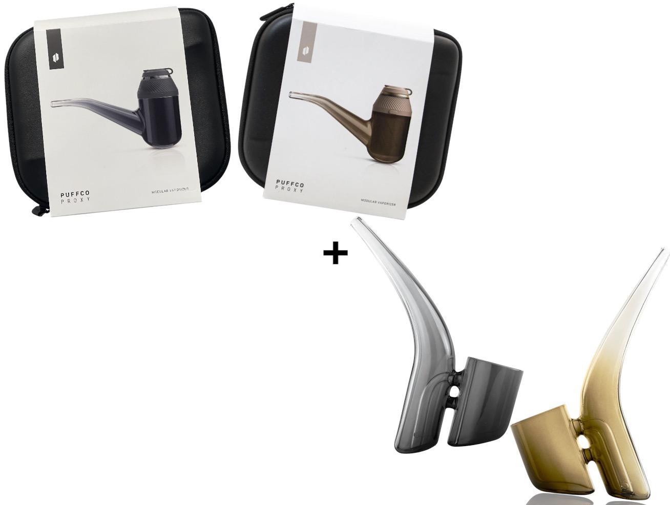 Proxy + Bub attachment in Onyx and Desert variants, made from premium borosilicate glass, designed to enhance airflow and improve vapor quality for the Proxy vaporizer setup.