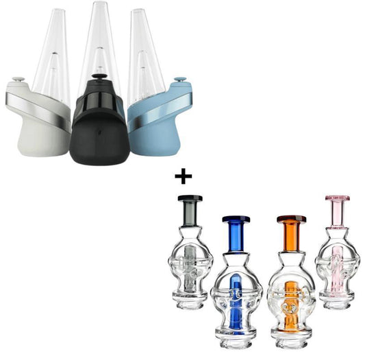 Puffco Peak vaporizer with Phoenix Glass Fab Egg attachment, showcasing various color options and elegant glass design.
