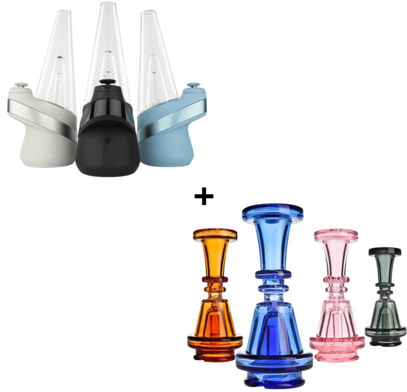 Premium Puffco Peak vaporizer with Phoenix Glass Hourglass rig, available in Onyx + Smoke, Sky + Blue, and Cloud + Pink color options, designed for smooth and flavorful dabbing experiences.