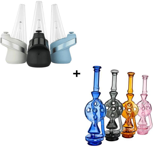 Premium Puffco Peak vaporizer paired with Phoenix Glass Swiss rig, available in various color combinations such as Onyx + Smoke, Sky + Blue, and Cloud + Pink for a refined and high-quality dabbing experience.