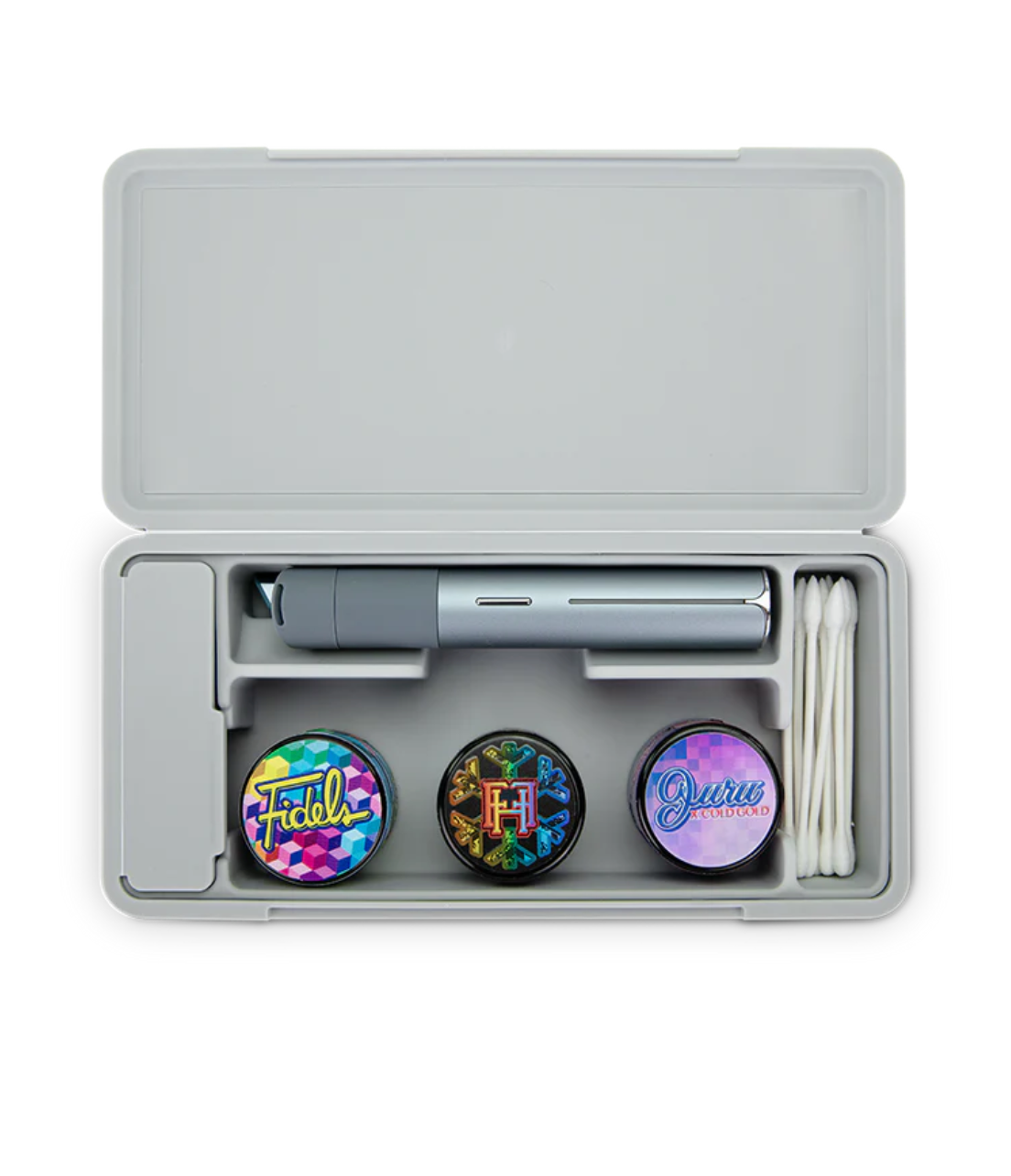 Puffco Pivot Aluminum Travel Case with a magnetic lid closure, perfect for protecting and organizing your dabbing accessories.