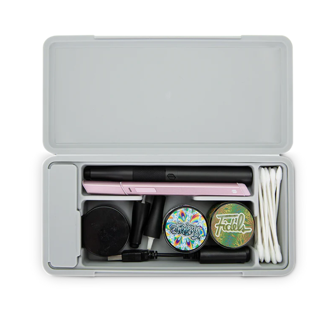 Portable Puffco Pivot Travel Case with space for Pivot, Hot Knife, jars, cotton swabs, and more, designed for on-the-go organization.