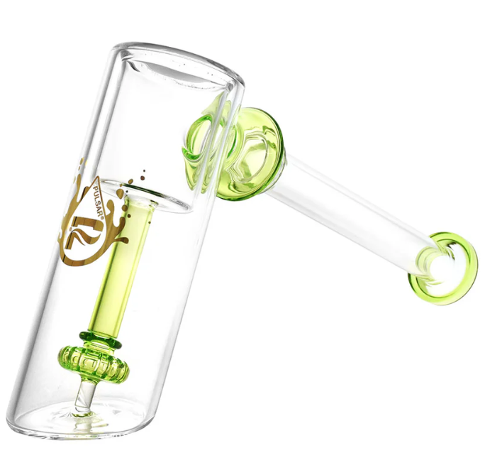 Pulsar Hammer Bubbler for Puffco Proxy - 11-inch borosilicate glass attachment featuring a disc percolator, colorful accents, and metallic gold Pulsar splash logo for a stylish dab experience.

