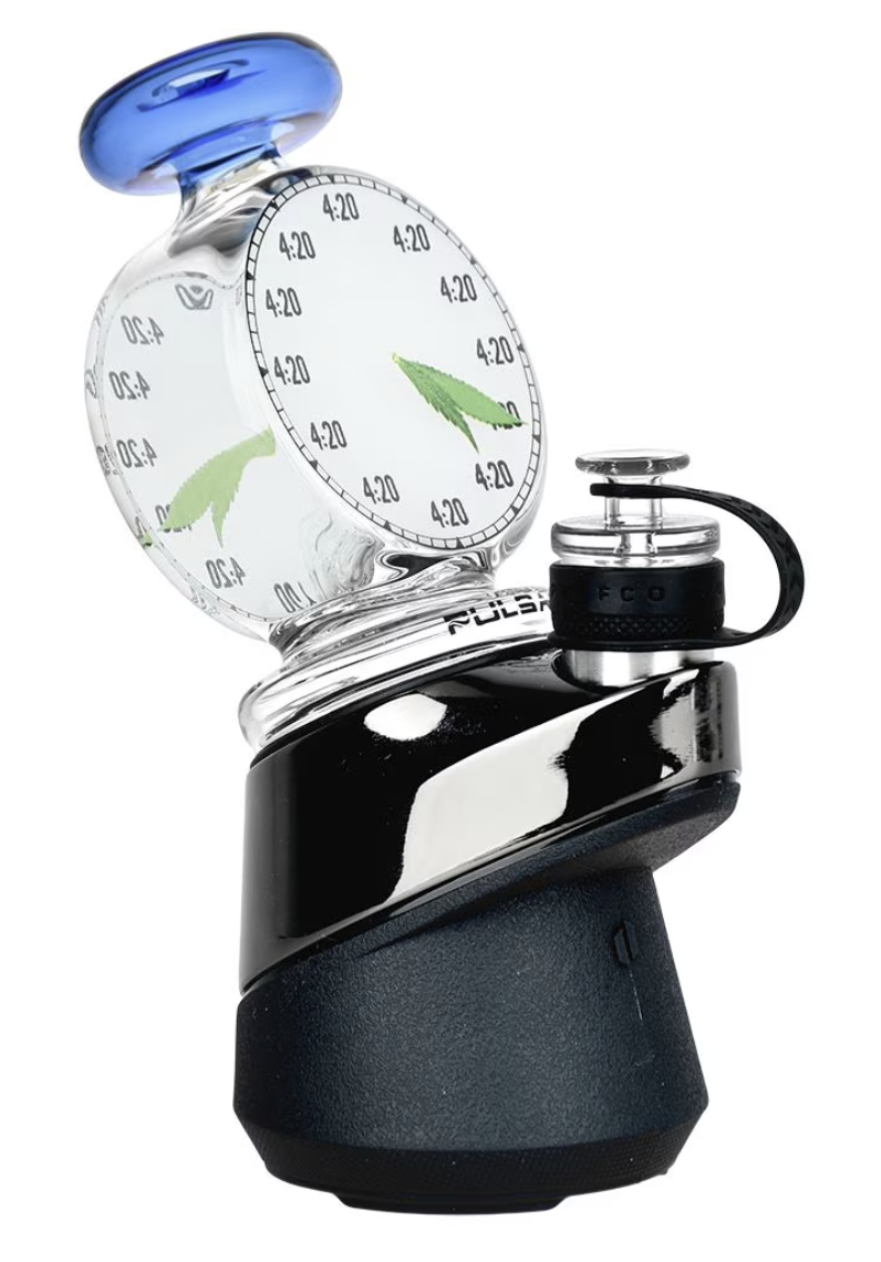  Pulsar 4:20 Timepiece Glass Attachment for Puffco Peak/Pro, featuring a clock face design with leaf hands and a dome percolator for smooth vapor.