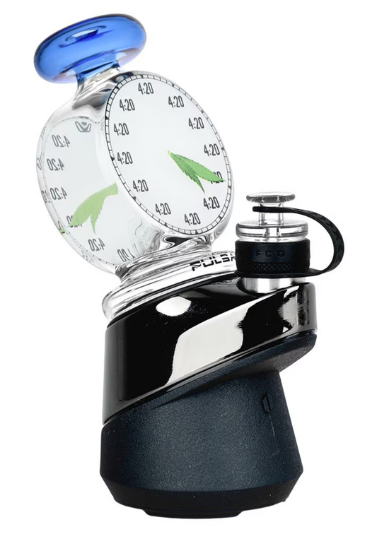  Pulsar 4:20 Timepiece Glass Attachment for Puffco Peak/Pro, featuring a clock face design with leaf hands and a dome percolator for smooth vapor.