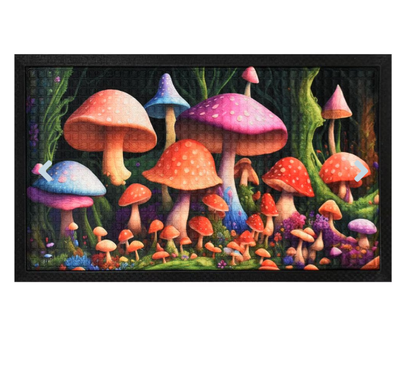 Pulsar Decorative Mat with Mushroom Garden design, 18x30 inches, featuring a rubber bottom and textured surface to catch debris and keep your space clean.