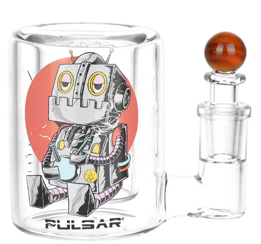 Pulsar Isopropyl Cleaning Station - 3.5-inch borosilicate glass cleaning station with DopeBot design featuring a stoned robot with a bubble bong. Includes cotton swab holder and Isopropyl cleaner container.