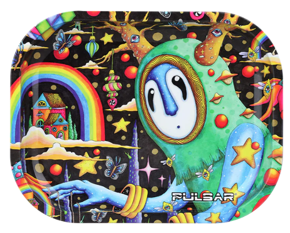 Pulsar Mini Metal Rolling Tray & Lid – 7x5 inches tray with raised sides, smooth rolled edges, and a matching magnetic lid for safekeeping. Artwork by Hannah Bunzey.