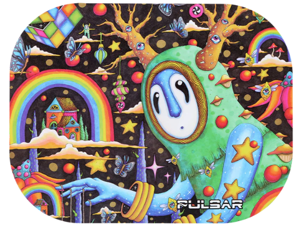 Pulsar Mini Metal Rolling Tray & Lid – Durable, colorfast art that won’t fade or chip, showcasing 'The World Was Mad' design by Hannah Bunzey, complete with a magnetic lid.