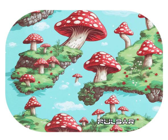 Pulsar Mini Metal Rolling Tray & Lid – Colorfast 'Floating Mushrooms' artwork, 7x5 inch tray with rolled edges and a magnetic lid, perfect for organizing smoking accessories.