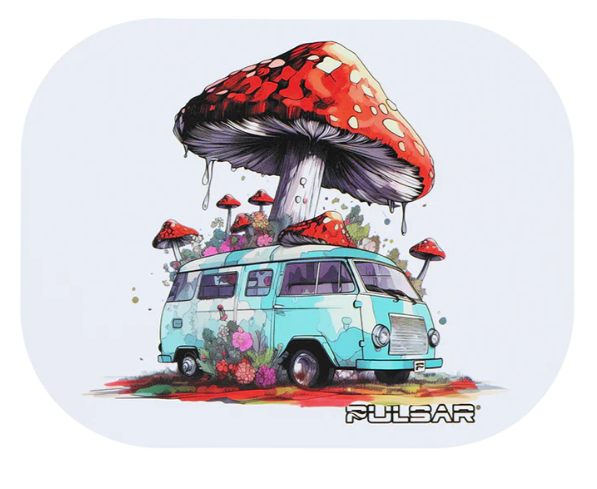 Pulsar Mini Metal Rolling Tray & Lid – 7x5 inch metal tray with vibrant 'Pop Up Camper' design, featuring road trip and mushroom motifs, perfect for on-the-go smoking sessions.