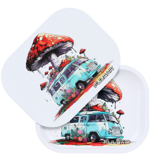 Pulsar Mini Metal Rolling Tray & Lid – Vintage Pop Up Camper design with amanita muscaria mushrooms and vibrant flowers, 7x5 inch tray with matching magnetic lid.