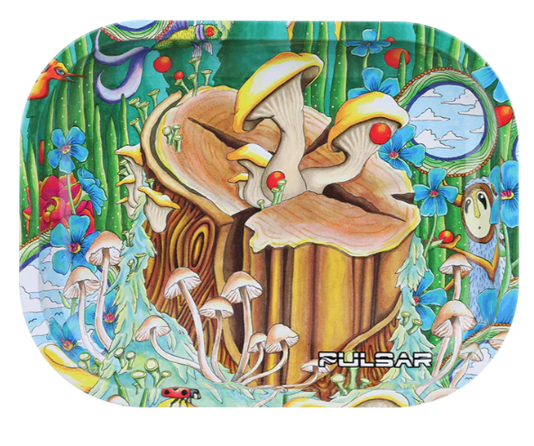 Pulsar Mini Metal Rolling Tray & Lid – 7x5 inch tray with smooth rolled edges, magnetic lid, and vibrant 'Where Love Is Alive' design by Hannah Bunzey, perfect for safekeeping.

