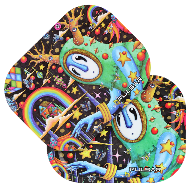 Pulsar Mini Metal Rolling Tray & Lid – The World Was Mad artwork by Hannah Bunzey, featuring a tree spirit and cosmic elements, with a magnetic lid and rolled edges.