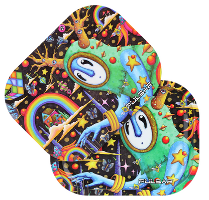 Pulsar Mini Metal Rolling Tray & Lid – The World Was Mad artwork by Hannah Bunzey, featuring a tree spirit and cosmic elements, with a magnetic lid and rolled edges.