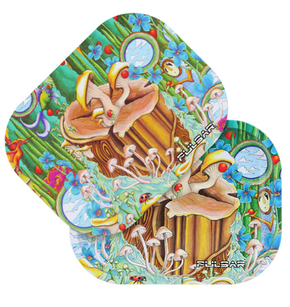 Pulsar Mini Metal Rolling Tray & Lid – 'Where Love Is Alive' artwork by Hannah Bunzey, featuring a vibrant forest design with mushrooms and tropical flora, 7x5 inch tray.