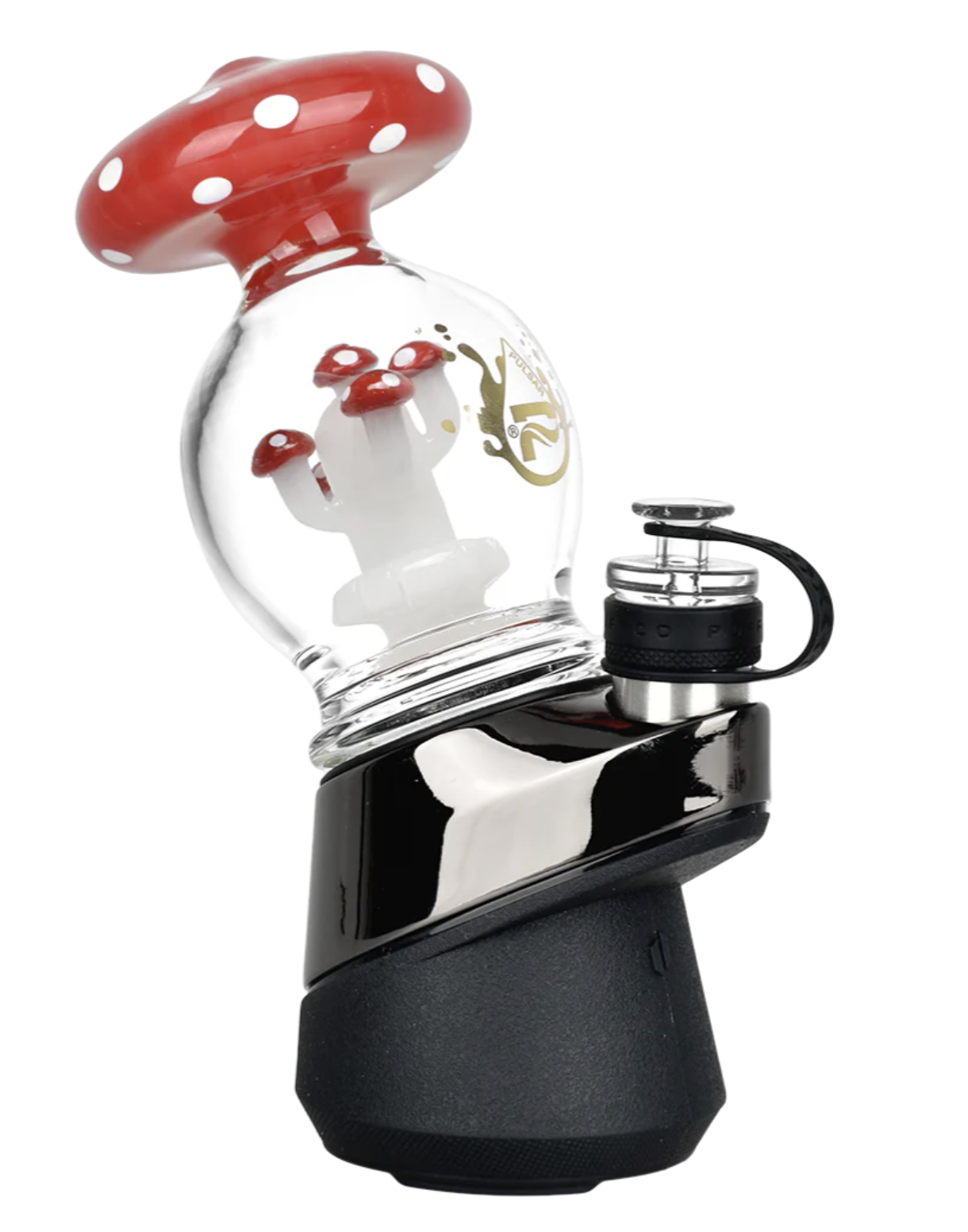  Pulsar Mushroom Mayhem Glass Attachment for Puffco Peak/Pro, featuring a circular percolator and a red mushroom colony design for smooth vapor.
