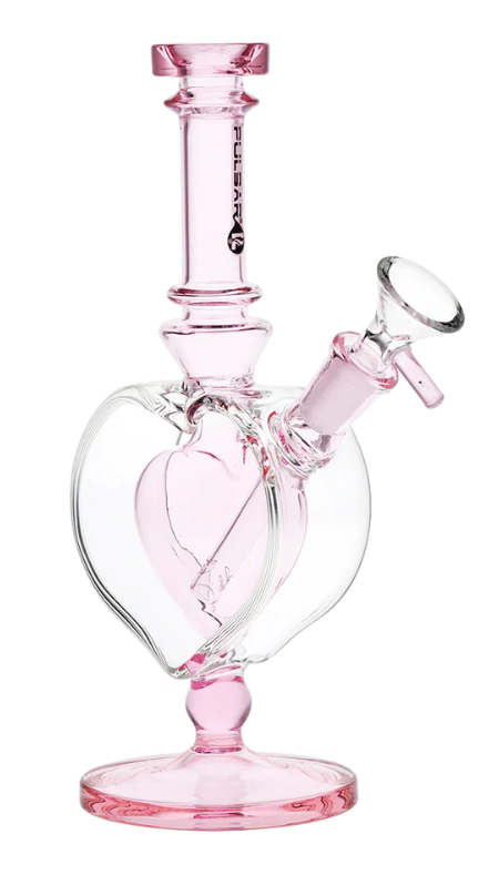 Pulsar Pink Heart Chalice Glass Water Pipe, 9 inches tall, featuring a double-layered heart-shaped base, soft pink accents, and borosilicate glass construction.