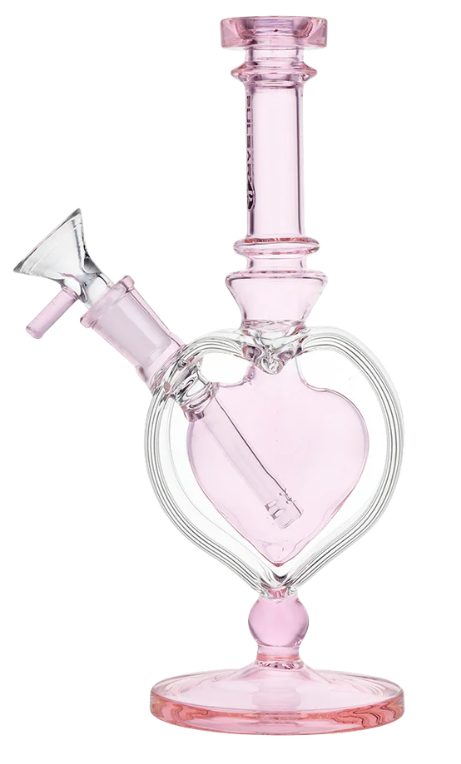 Pulsar Pink Heart Chalice Water Pipe, with a fixed downstem, matching 14mm male herb slide, and soft pink accents for a stylish smoking experience.