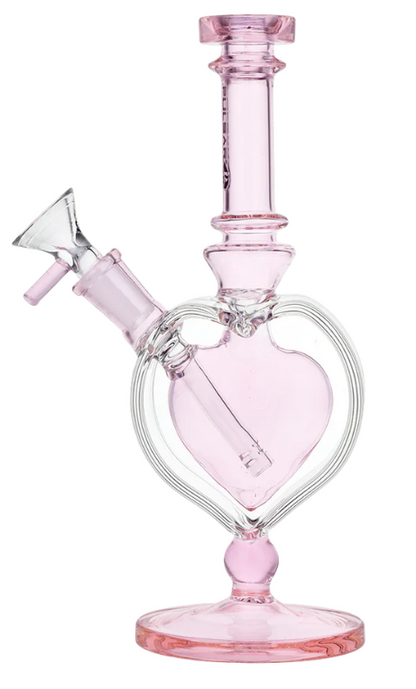Pulsar Pink Heart Chalice Water Pipe, with a fixed downstem, matching 14mm male herb slide, and soft pink accents for a stylish smoking experience.
