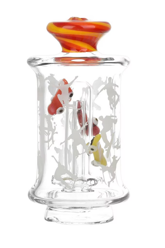  Pulsar Skateboard Glass Attachment with etched skateboarder design, a UFO percolator, and a fun skateboard decoration for Puffco Peak/Pro.