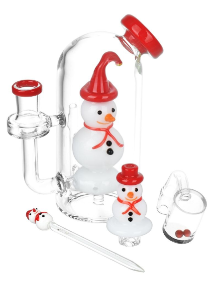 Pulsar Smiling Snowman Dab Rig Set, made from borosilicate glass with novelty snowman percolator, includes carb cap, dab tool, and two terp beads for optimalv
