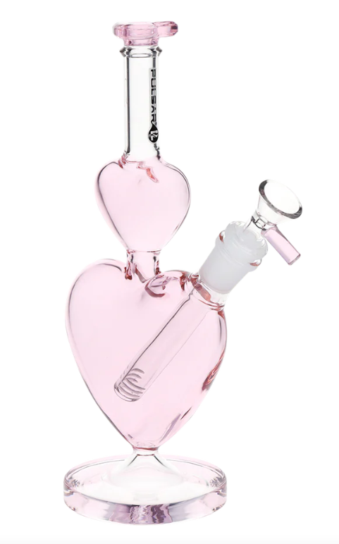  Pulsar Stacked Hearts Glass Water Pipe, 10 inches tall, featuring a stacked heart shape, soft pink accents, and a heart-shaped mouthpiece.