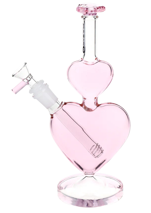 Pulsar Stacked Hearts Water Pipe, made from borosilicate glass with removable diffuser downstem and matching 14mm male herb slide with handle.