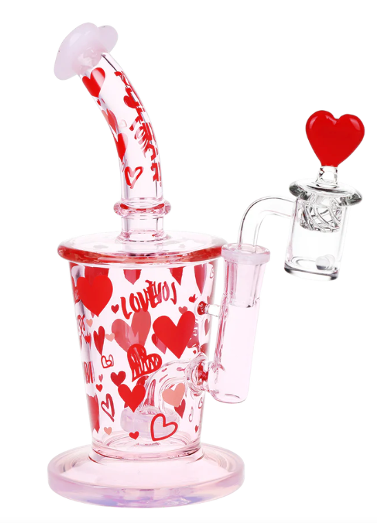  Pulsar Valentine's Love Hearts Dab Rig Kit, featuring a heart diffuser on the dab straw, 14mm male flat top quartz banger, and terp beads for efficient dabbing.