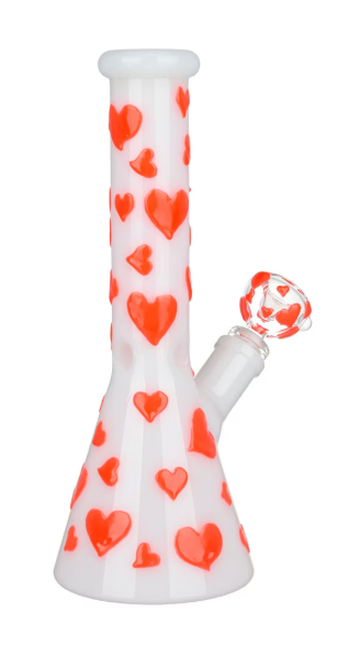 Pulsar Valentine's Day Heart Glow In The Dark Beaker Water Pipe, 10 inches tall, featuring white glass with red heart patterns and glow-in-the-dark accents.