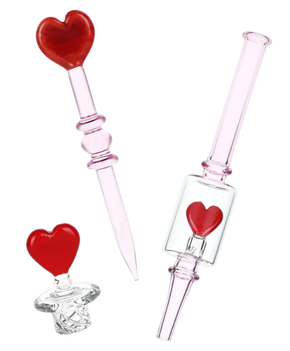 Pulsar Valentine's Love Hearts Dab Rig Kit, made from borosilicate glass with a red Pulsar logo, heart-shaped mouthpiece, and matching heart-themed accessories.