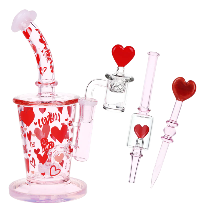 Pulsar Valentine's Love Hearts Glass Dab Rig Kit, 8.5 inches tall with love hearts design, circ percolator, and heart-shaped mouthpiece for a smooth dab experience.