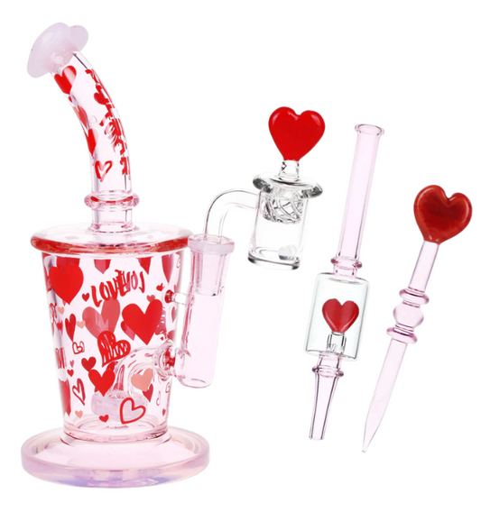 Pulsar Valentine's Love Hearts Glass Dab Rig Kit, 8.5 inches tall with love hearts design, circ percolator, and heart-shaped mouthpiece for a smooth dab experience.