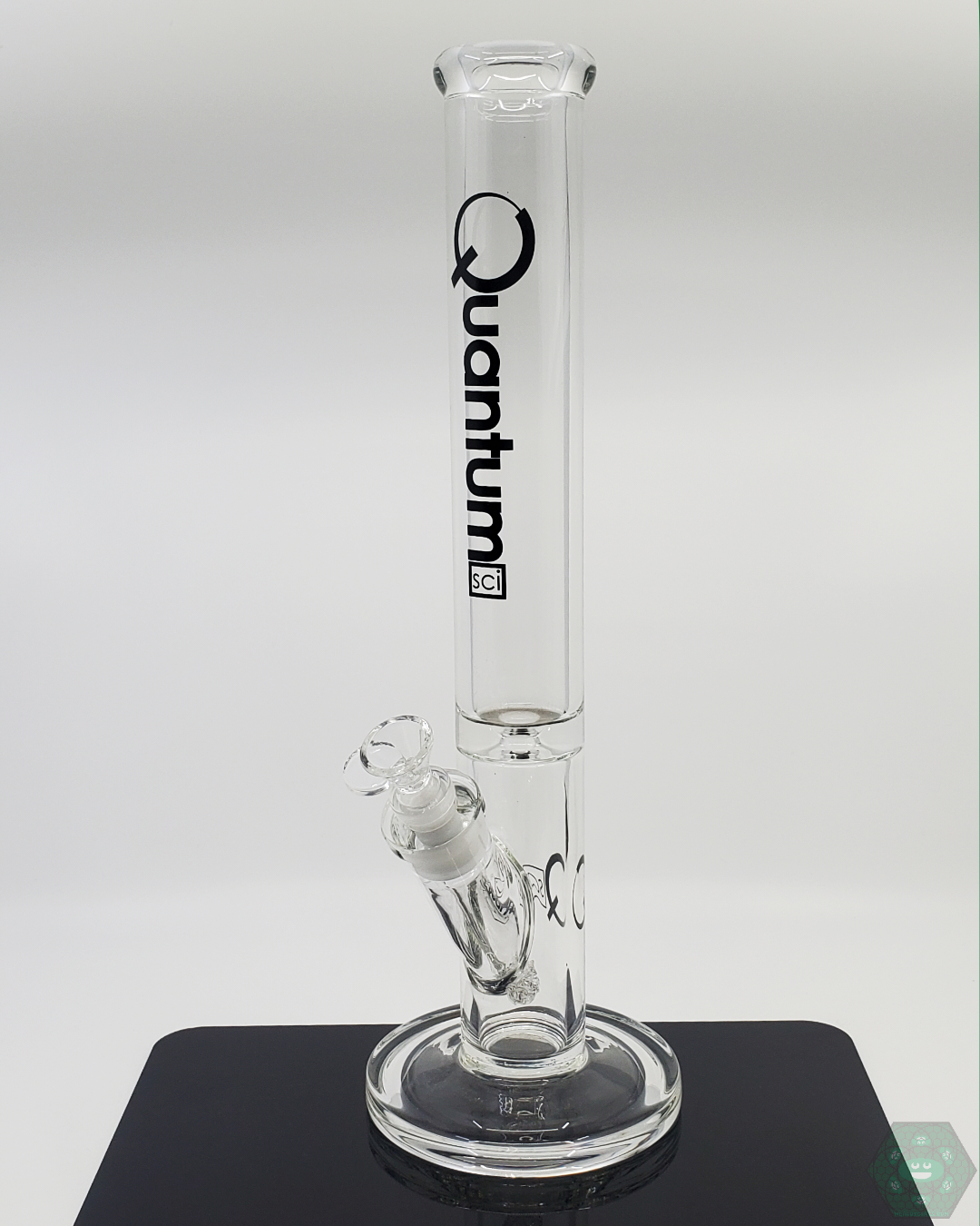Quantum Sci Glass 16-inch 9mm Straight Tube Bong with black logo and 22-hole perc for clean, flavorful smoke