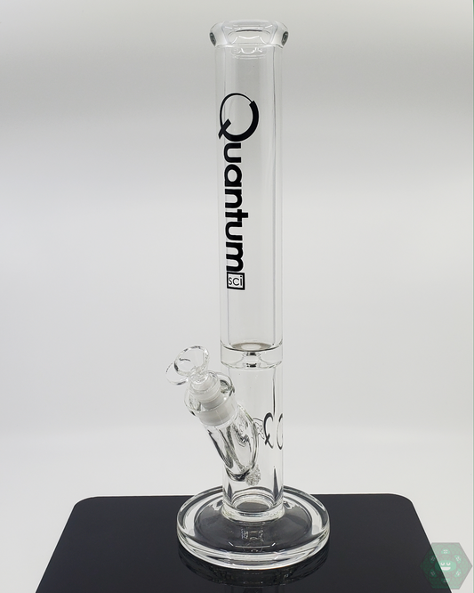 Quantum Sci Glass 16-inch 9mm Straight Tube Bong with black logo and 22-hole perc for clean, flavorful smoke