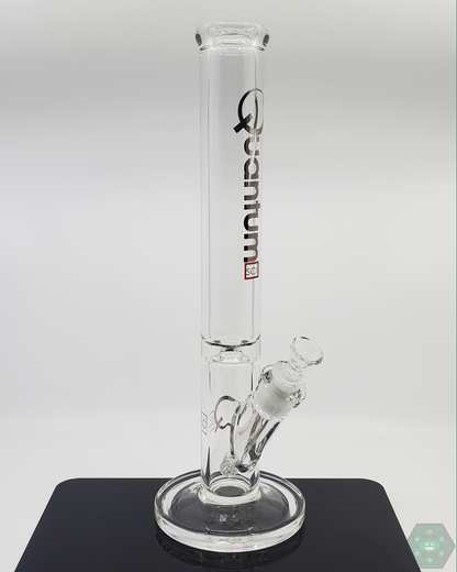 Quantum Sci Glass 16-inch 9mm Straight Tube Bong with a sleek chrome logo and 22-hole perc for smooth filtration