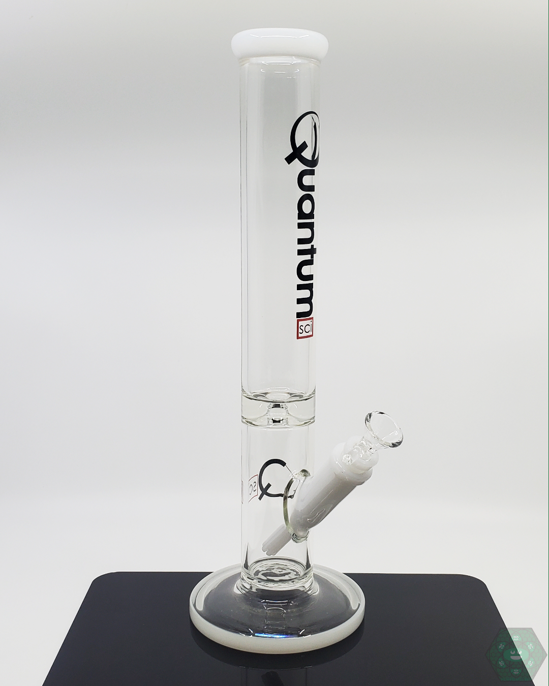Quantum Sci Glass 16-inch 9mm Straight Tube Bong with white logo, featuring a 22-hole perc for smooth and enjoyable hits