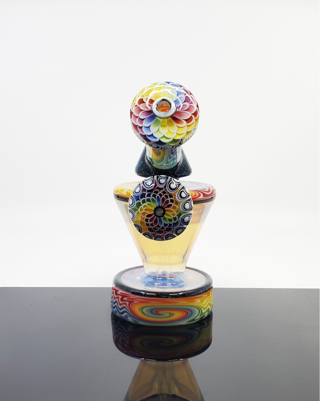 Rainbow Dot Work 10mm Rig: The RL Dots Rainbow Talus showcases vibrant rainbow-colored dot work in a functional 10mm dab rig design, ideal for enthusiasts seeking a unique and colorful piece.