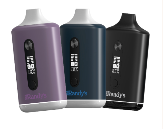 Randy's Inspo Dual Vaporizer in Noir Black, Lilac Purple, and Steel Blue, designed to use up to two cartridges simultaneously for double the enjoyment.